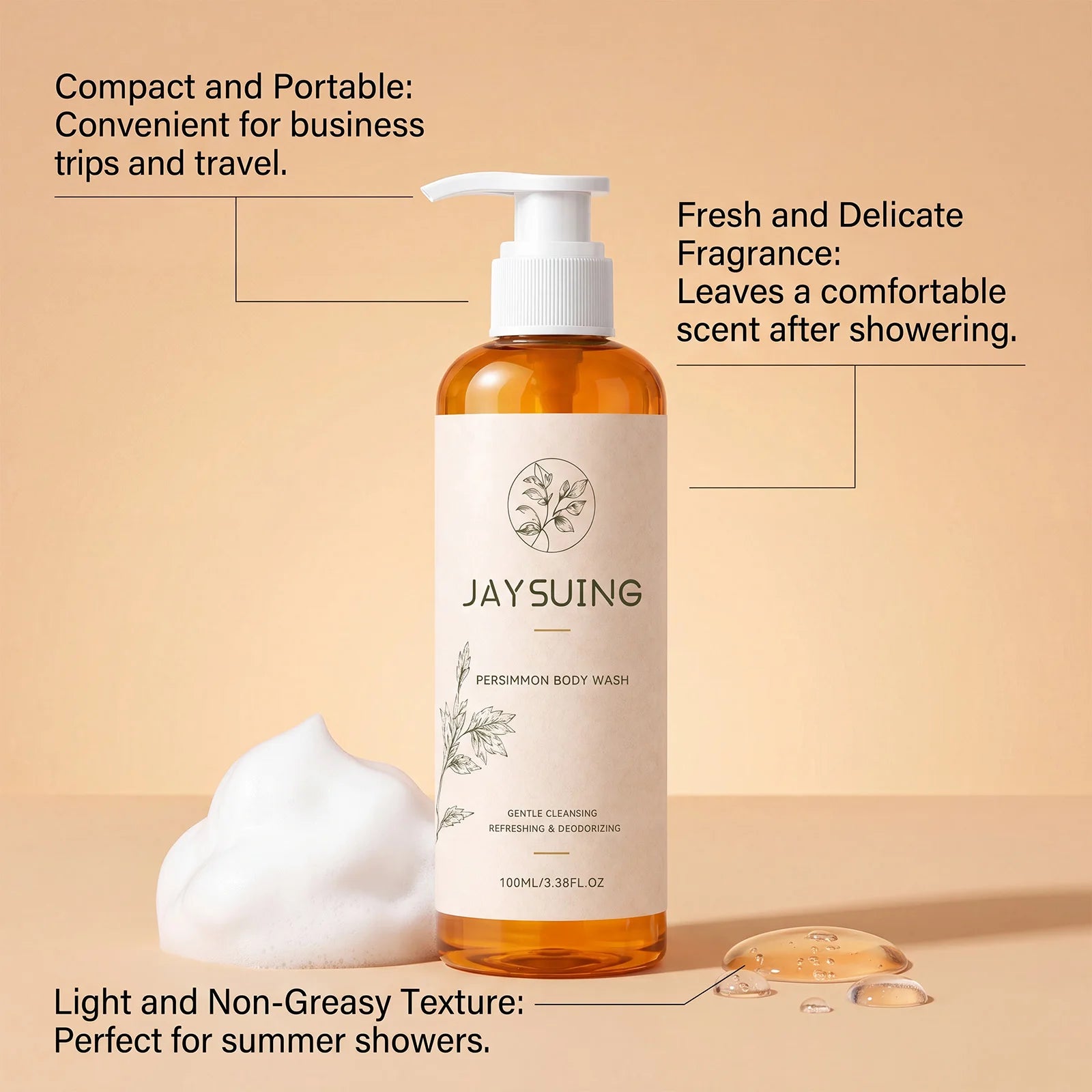 Persimmon Deodorant Body Wash Odor Eliminating Hydrating Shower Gel