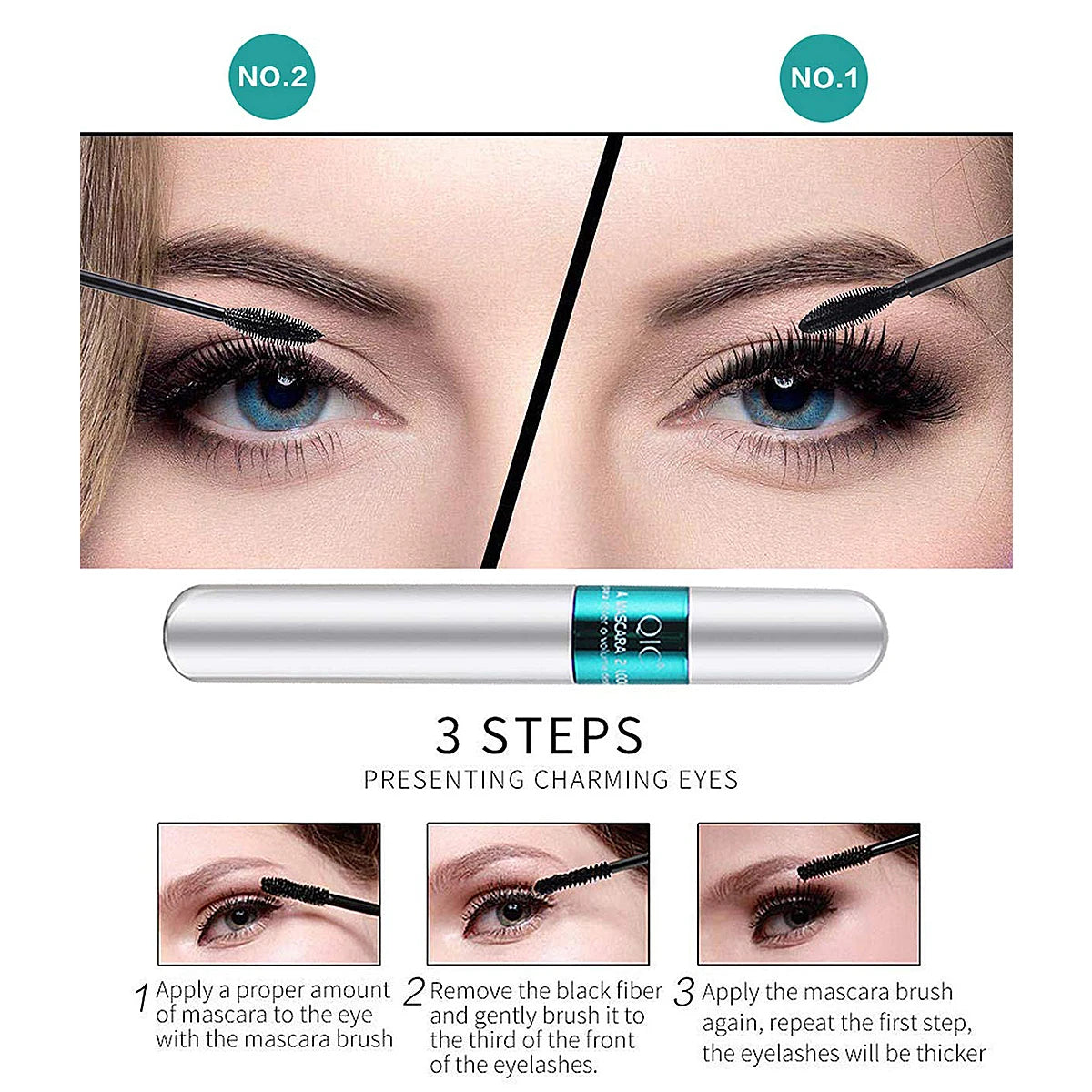 2-in-1 Silk Fiber Waterproof Lengthening Volumizing Black Mascara