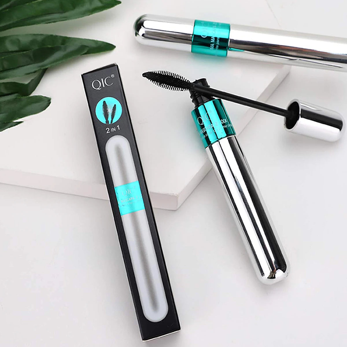 2-in-1 Silk Fiber Waterproof Lengthening Volumizing Black Mascara