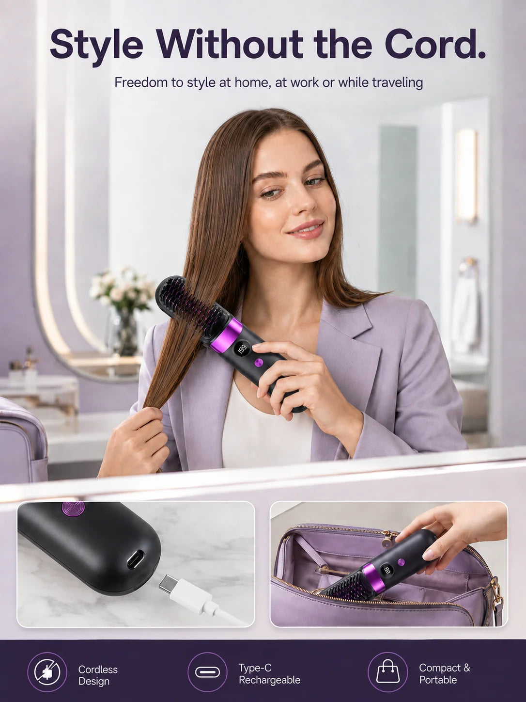 USB Rechargeable Wireless Electric Hair Straightening Hot Comb