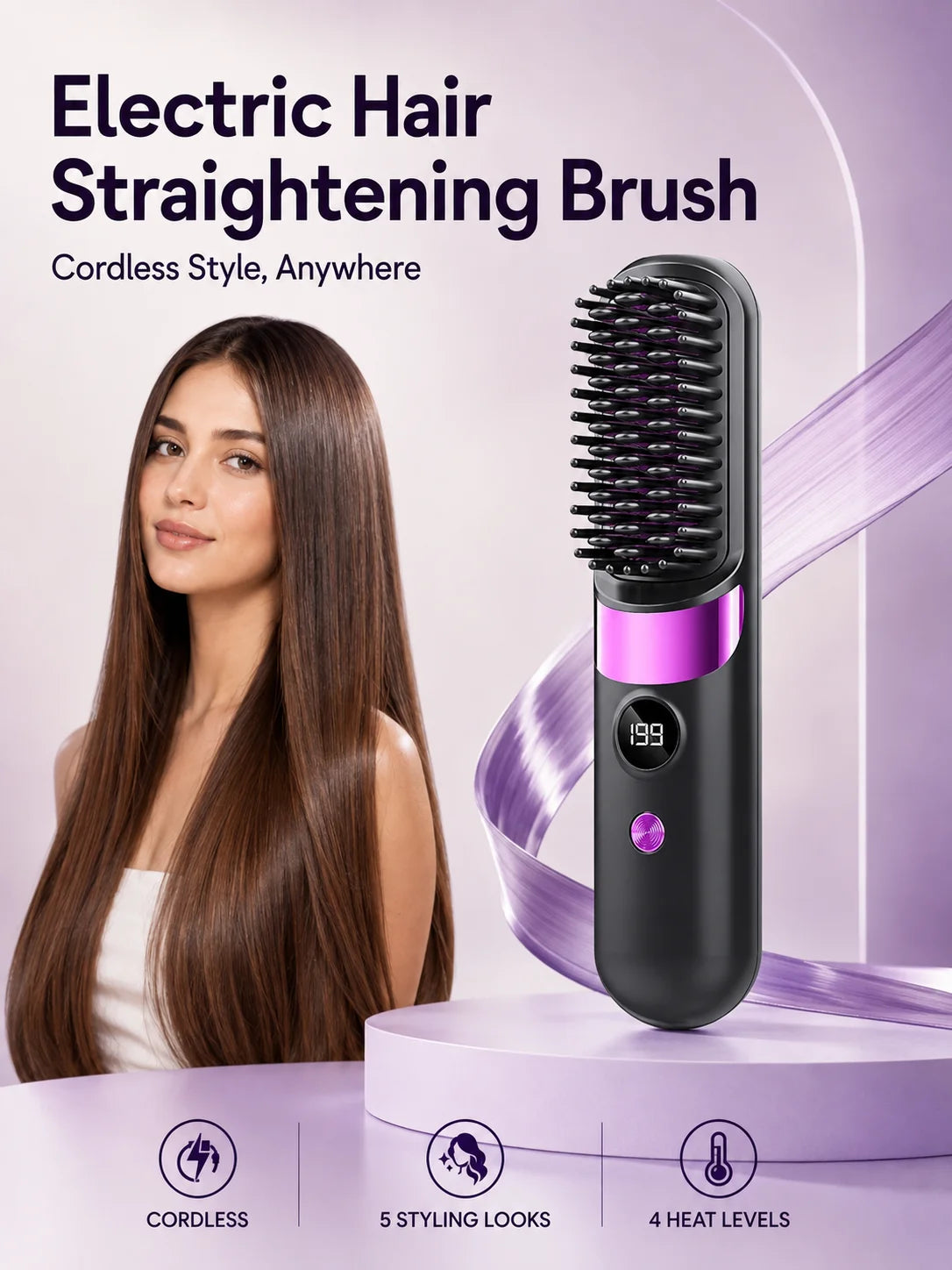 USB Rechargeable Wireless Electric Hair Straightening Hot Comb
