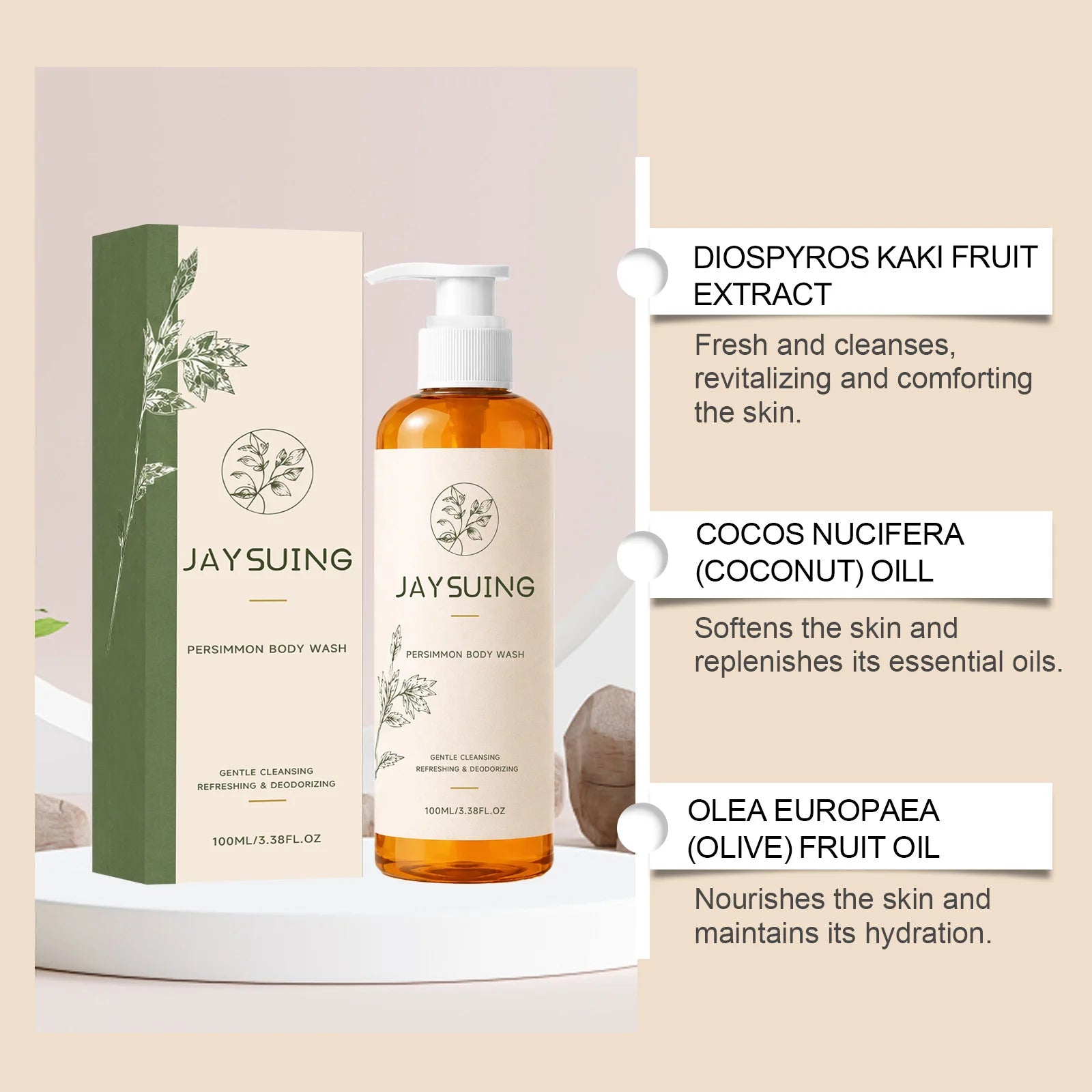 Persimmon Deodorant Body Wash Odor Eliminating Hydrating Shower Gel