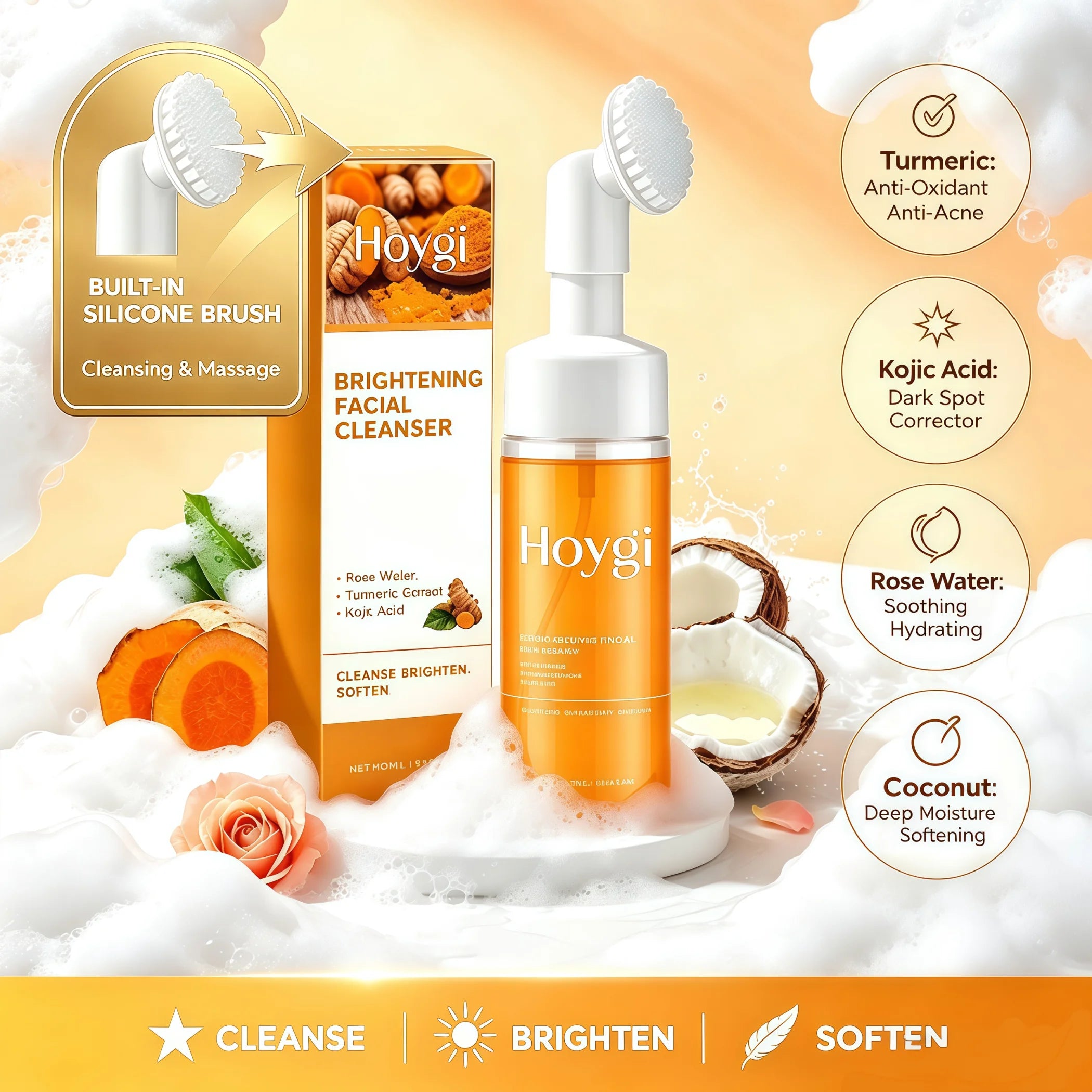 2-in-1 Turmeric Cleanser Silicone Brush Amino Acid Rosewater