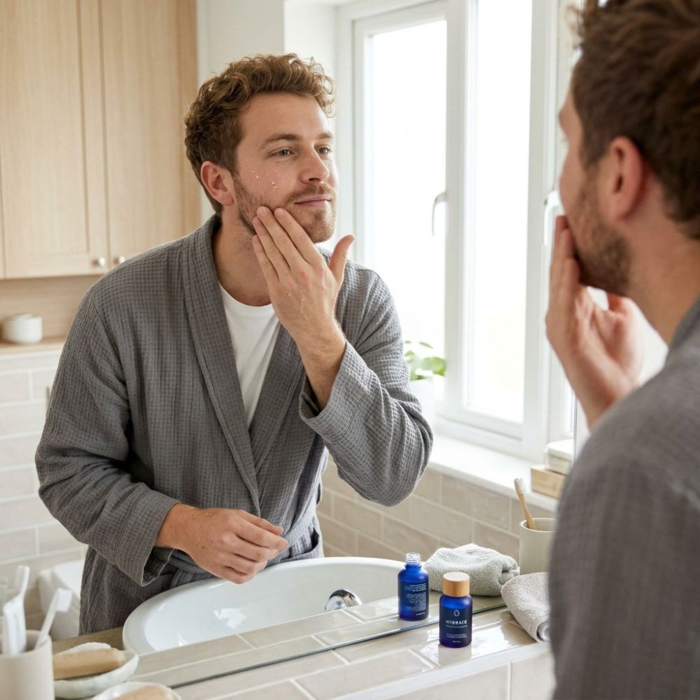 A man in a gray waffle-knit bathrobe stands in a bright bathroom, touching his face while looking at his reflection. Two blue skincare bottles are placed on the white sink counter in front of him.