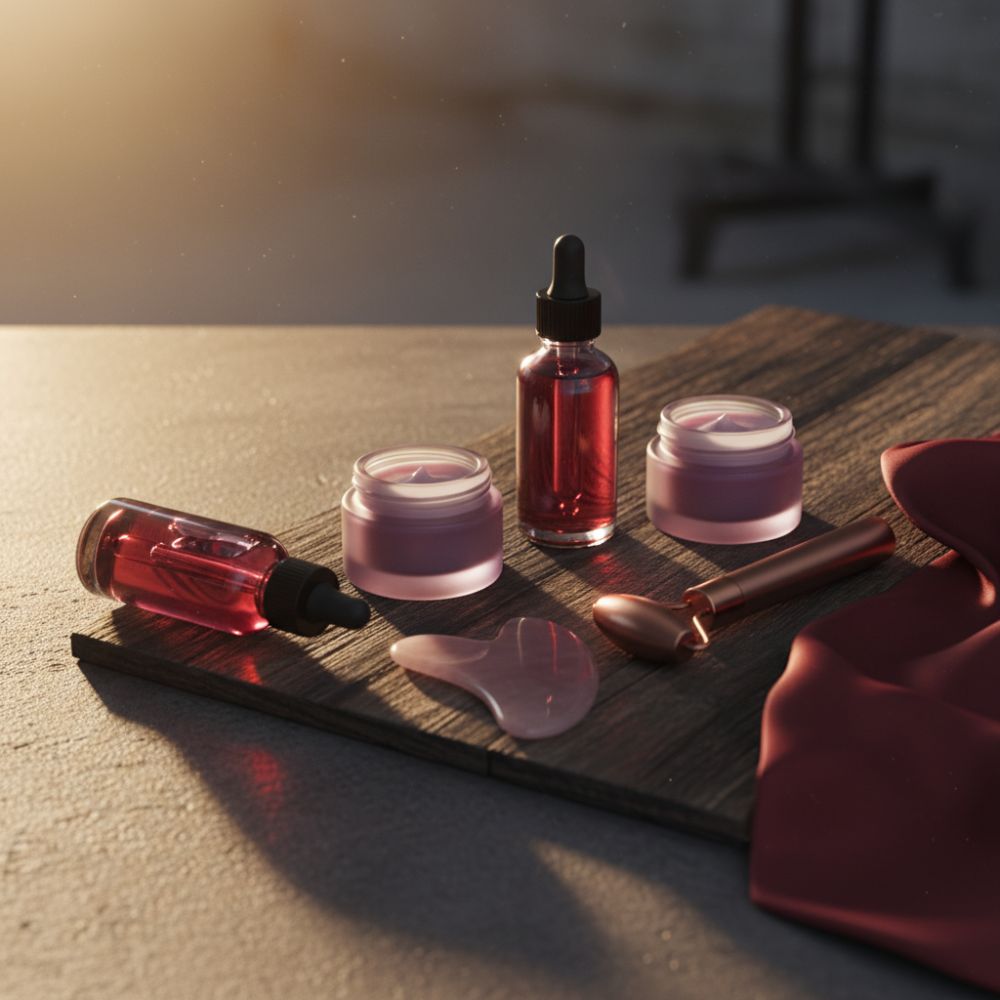 Cosmetic products including bottles and jars on a wooden surface with a blurred background