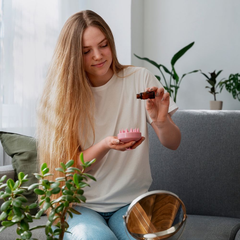 A woman with long blonde hair sits on a gray sofa, holding a small pink scalp massager in one hand and a dark amber bottle in the other, applying product to the device. A small round mirror rests on her lap, and potted plants are visible in the softly lit room.